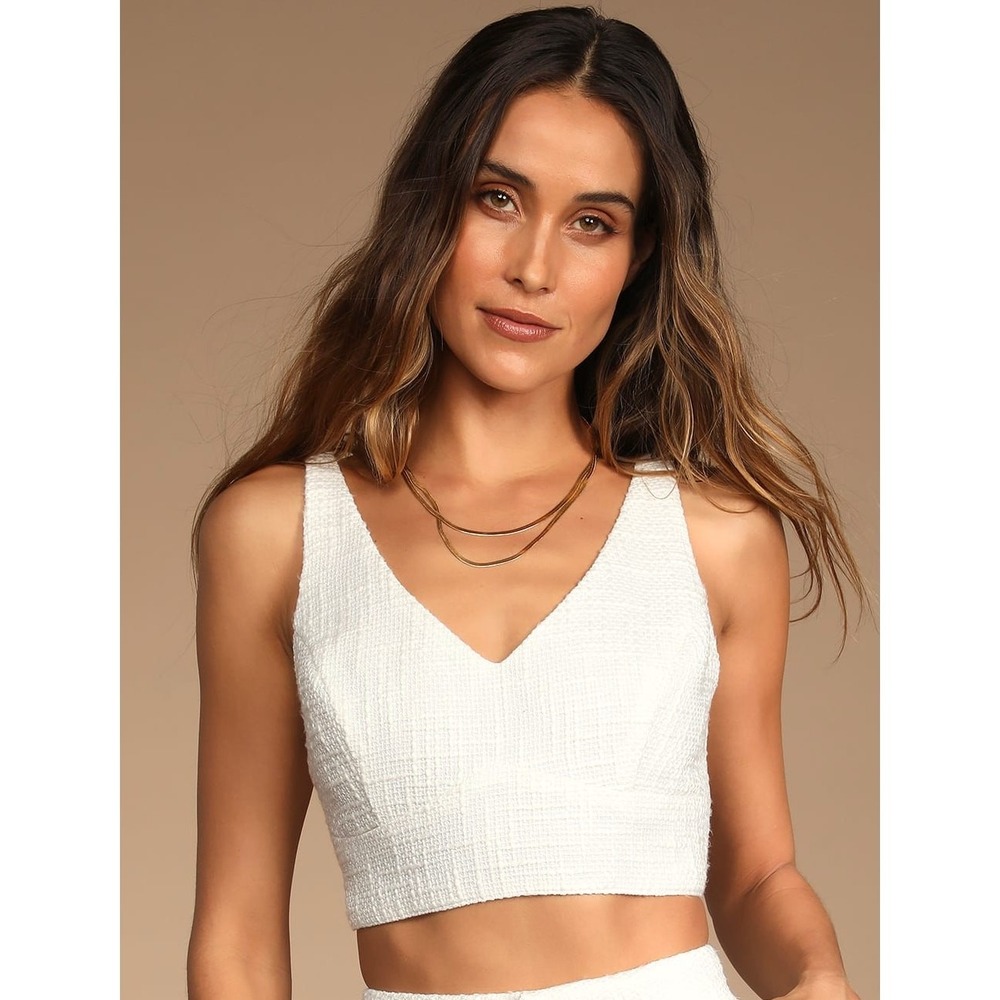 Lulus Ivory Tweed Cropped Tank Top Womens M V-Neck Corset Chic Sophisticated NWT